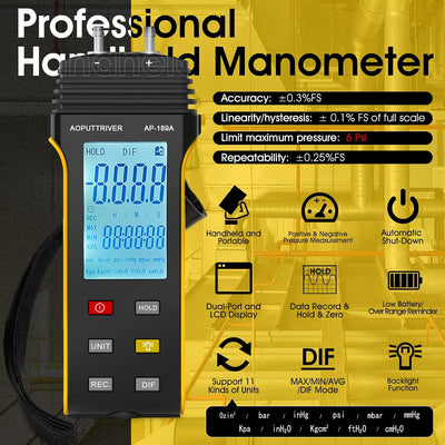 Manometer, AOPUTTRIVER AP-189A Professionelles Luftdruckmessgerät, Gasdruckmessgerät mit zwei Anschl