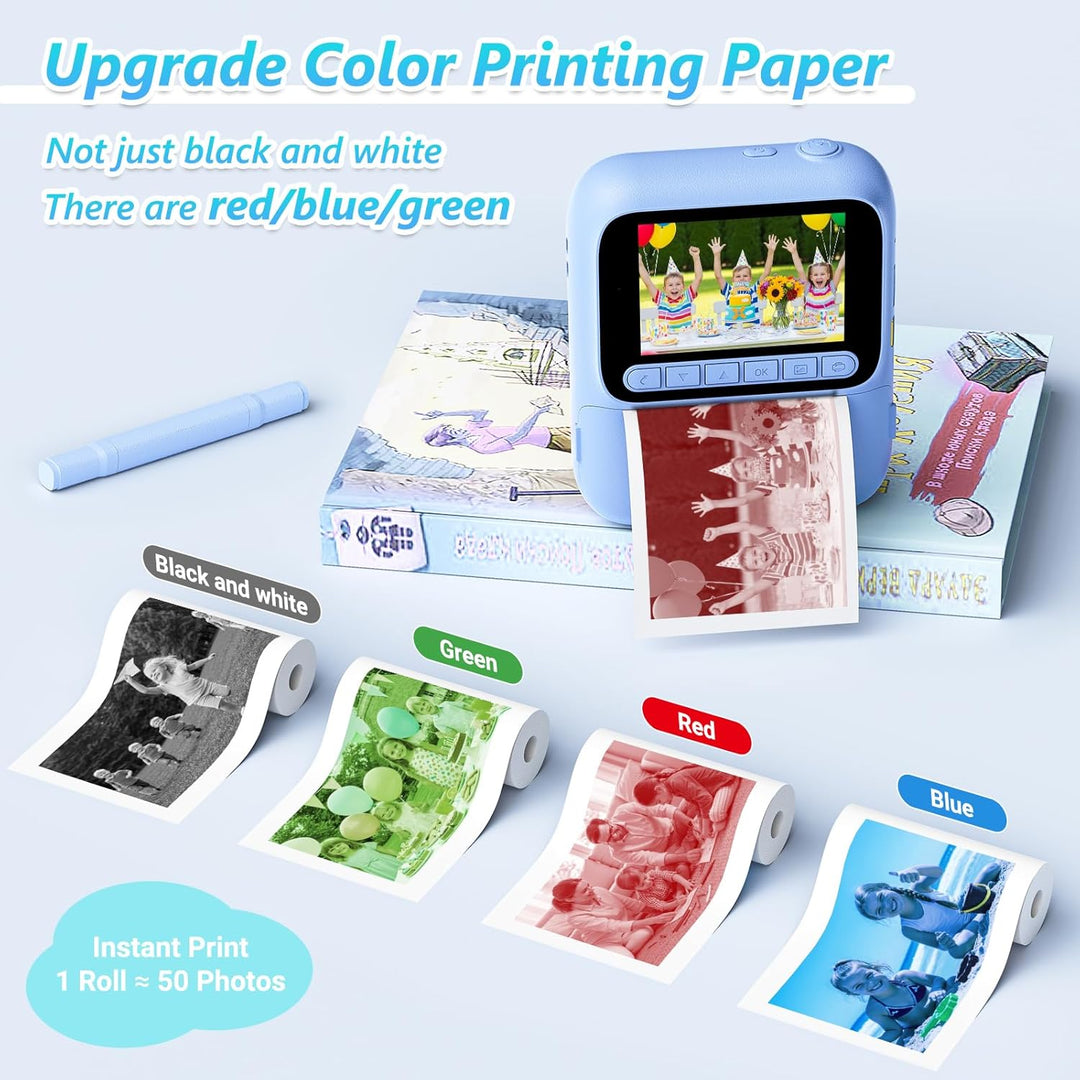 Sofortbildkamera für Kinder,1080P Kinderkamera mit 5 Rollen Druckpapier,32GB-Karte und Farbstiften,T