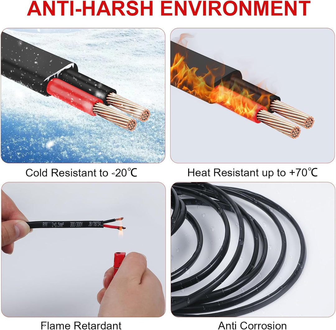 AOHEWEI 2 × 0,5 mm² flaches, zweiadriges Doppelkabel, 2 Leiter, elektrischer Kupferdraht, 5 V, 12 V,