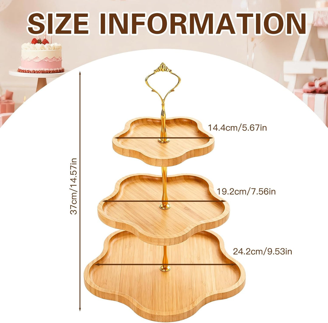 Etagere Obst 3 Stöckig, Kuchenständer Grosser Cupcake Ständer Holz Blumenform-Design, Bambus-Etagere