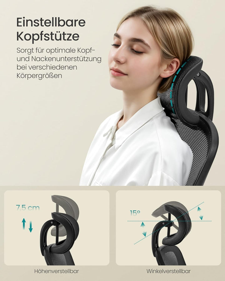 SONGMICS Bürostuhl ergonomisch, Schreibtischstuhl, Drehstuhl mit Mesh, gepolsterte Lendenstütze, Wip