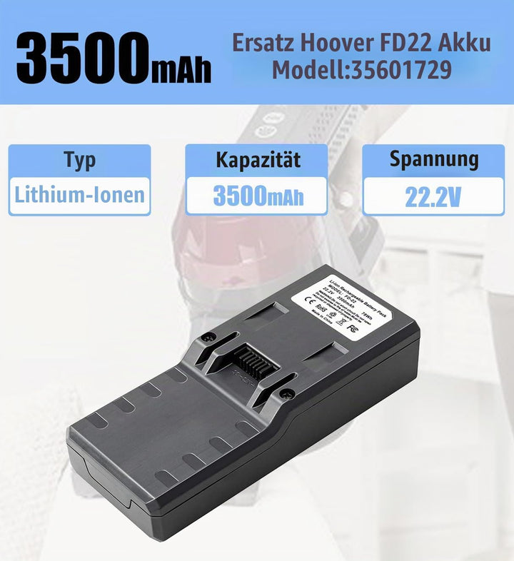 3500mAh Ersatzfür Hoover Modell 35601729 akku, kompatibel mit Hoover Freedom 2in1 22.2V FD22 Staubsa