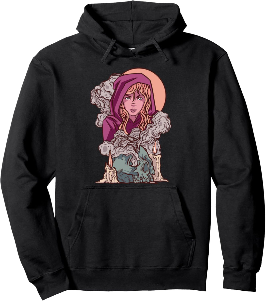 Hexe Mädchen Totenkopf Totenschädel Kerze Rauch Pullover Hoodie