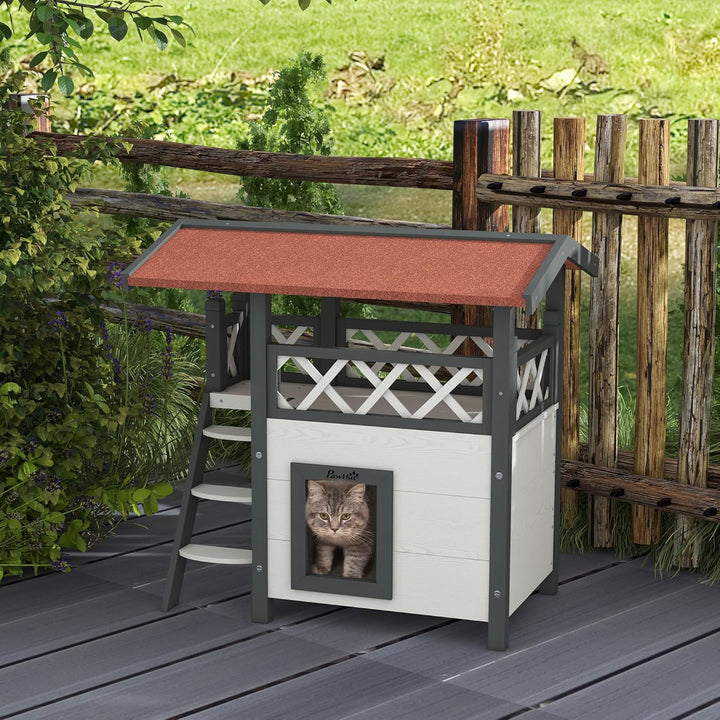 PawHut Katzenhaus aus Holz Winterfest wasserdicht Katzenhütte mit Asphaltdach Terrasse Treppe Katzen