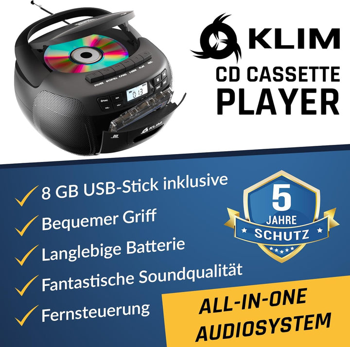 KLIM CD Player mit Kassette mit USB, Kassettenspieler, Kassettenrekorder, Radio mit CD und Kassette,