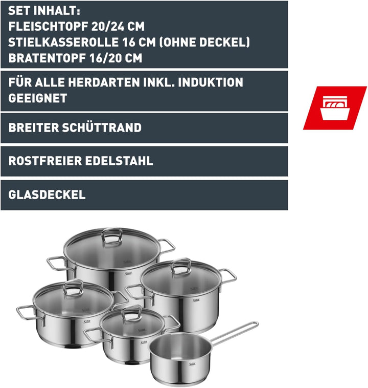Silit Alicante Topfset Induktion 5-teilig, Kochtopf Set mit Glasdeckel, Edelstahl poliert, Induktion