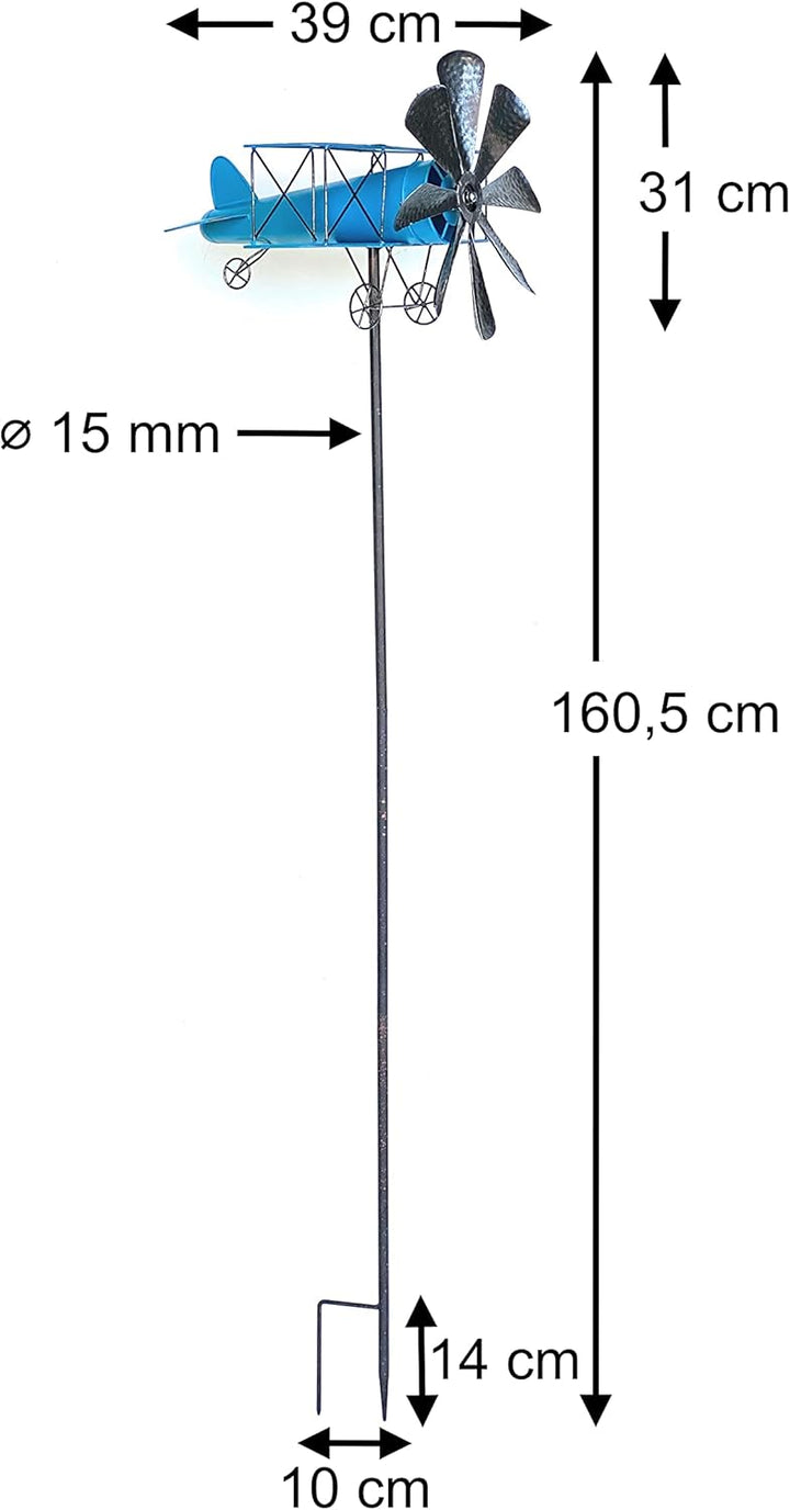 DanDiBo Gartenstecker Metall Flugzeug XL 160 cm Doppeldecker Blau 96099 Windspiel Windrad Wetterfest