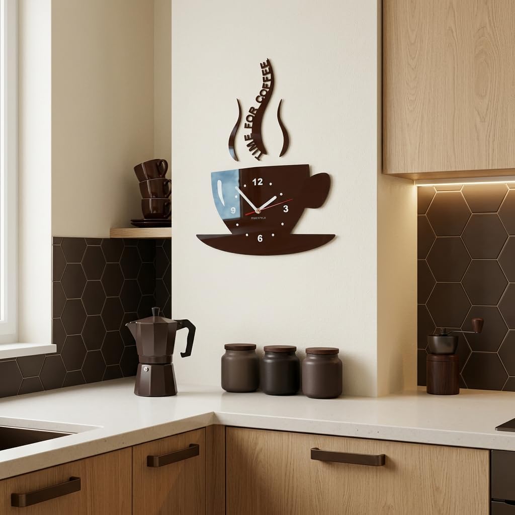 Tasse Time for Coffee (Zeit für Kaffee) Moderne Küche Wanduhr, Wenge Braun, 3D römisch, wanduhr deko