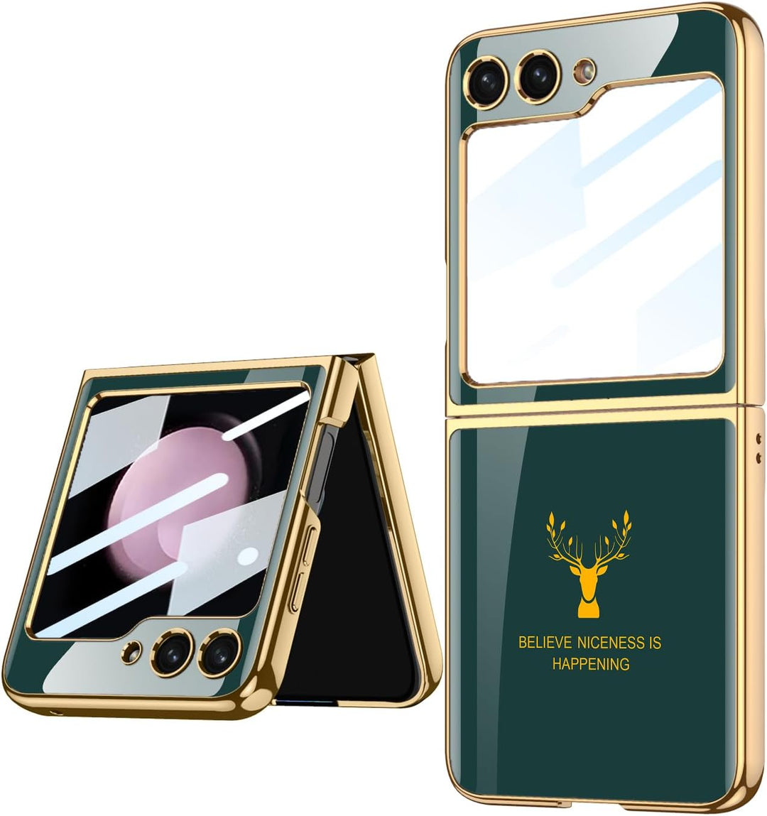 COQUE Galaxy Z Flip 5 5G Hülle,ultradünnes 9H Glas glänzend lackierte Handyhülle,Faltbare Handyhülle