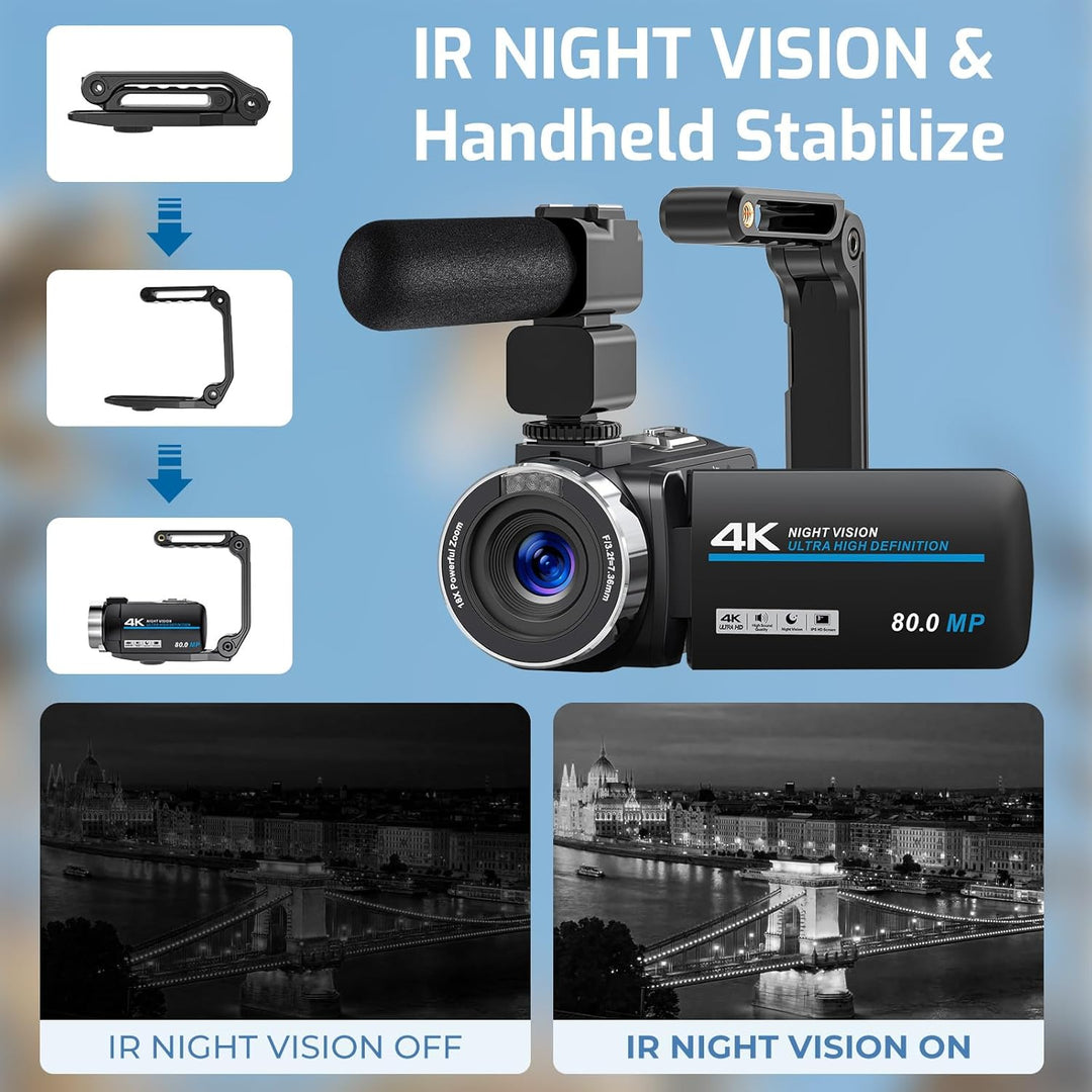Videokamera 4K Camcorder 80MP 18X Digitalzoom IR Nachtsicht Vlogging Camera | 4K UHD & 80MP Fotos, 3
