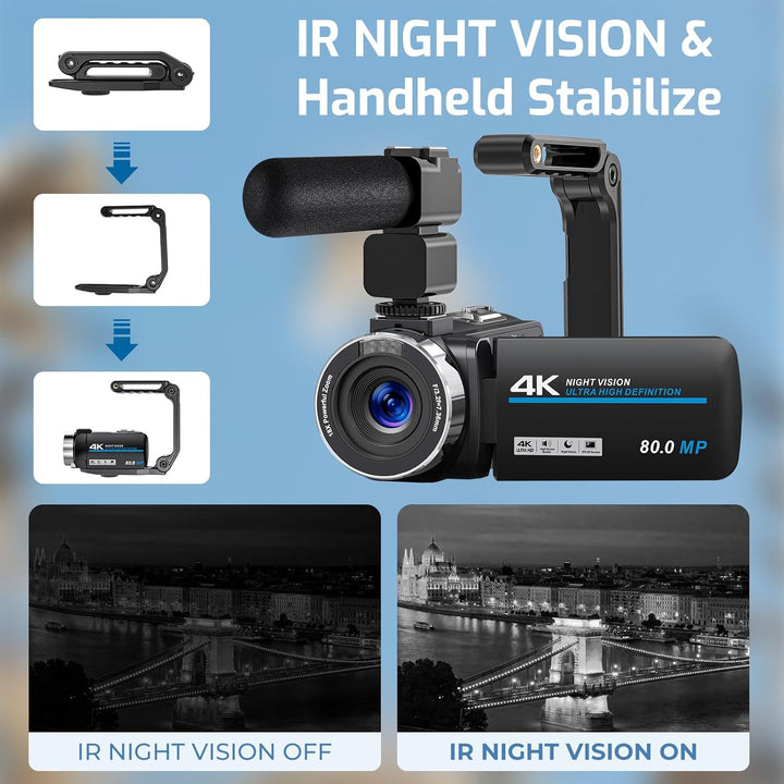 Videokamera 4K Camcorder 80MP 18X Digitalzoom IR Nachtsicht Vlogging Camera | 4K UHD & 80MP Fotos, 3