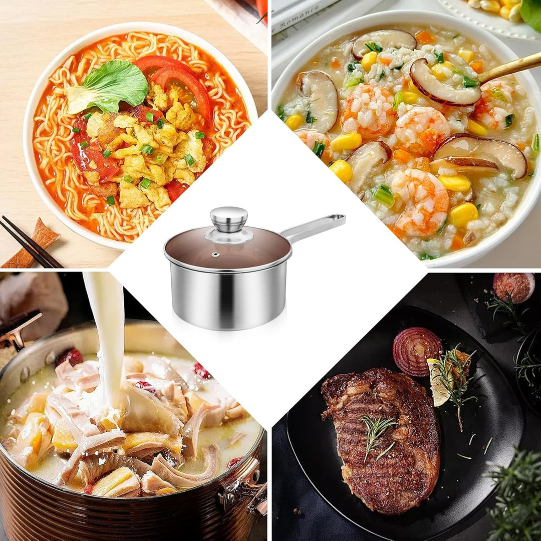 Kochtopf 1,75 L Edelstahl mit Glasdeckel, 16 cm Milchtopf Doppelwandig für Induktion, Simmertopf, Wa