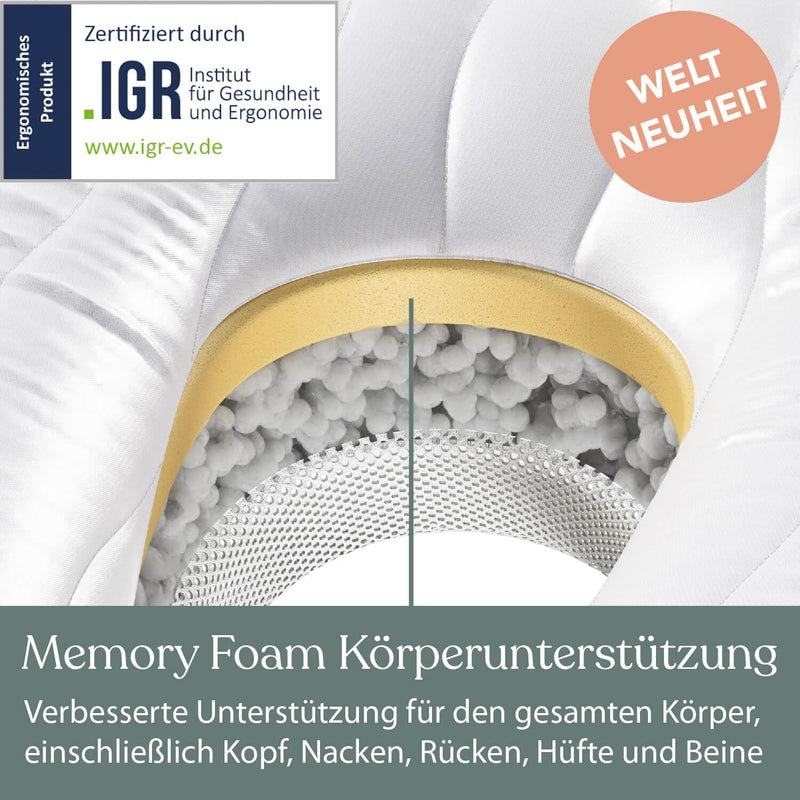 Traumreiter Seitenschläferkissen Visco Comfort M mit Bezug Grau Deluxe, Hybrid Kissen + 1cm Memory F