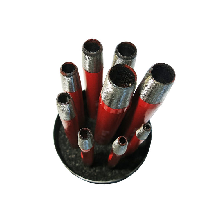 S&amp;R Rund-Locheisen-Set/MADE in GERMANY / 9-tlg. in Dose 2-3-4-5-6-7-8-9-10 mm, Stanzeisen Länge 105-
