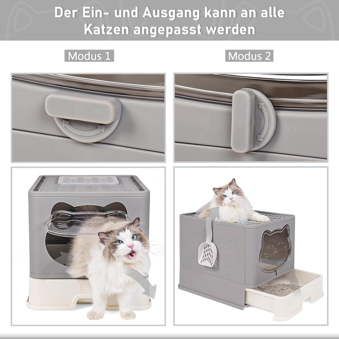 Vollständig Geschlossene Geruchsfreie Katzentoilette mit Dach, Grosse Faltbare Katzenklo mit Schubla