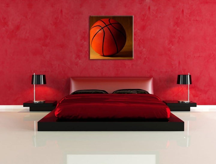 Pixxprint Basketball schwarzer Hintergrund, Format: 70x70 auf Leinwand, riesige Bilder fertig gerahm