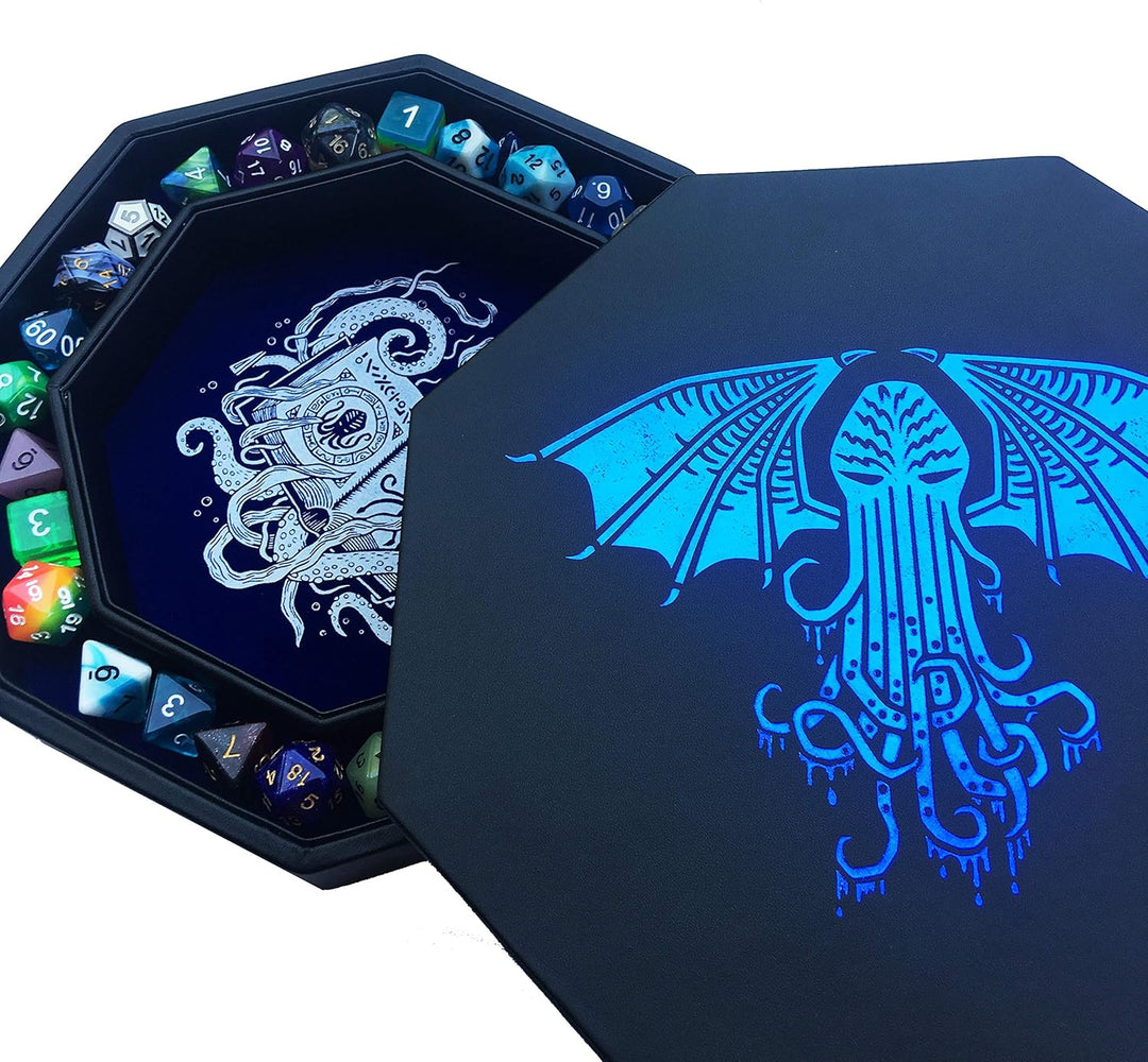 Fantasydice - Thulhu Tome Blue - Würfeltablett - 20,3 cm achteckig mit Deckel und Würfelfel-Bereich