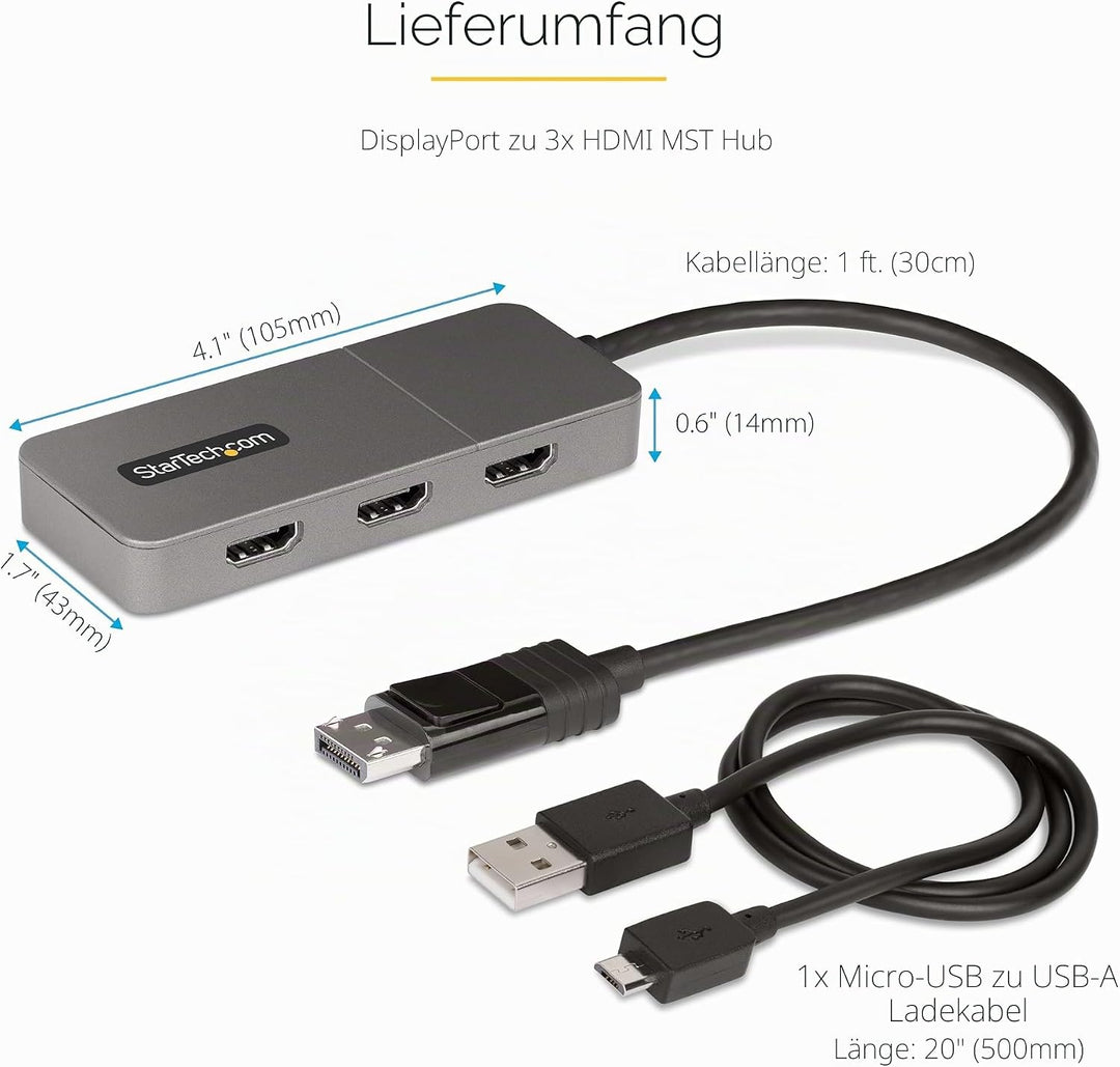 StarTech.com 3-Port MST Hub - DisplayPort auf 3X HDMI, DREI 4K 60Hz Monitore, DP 1.4 Multi-Monitor V