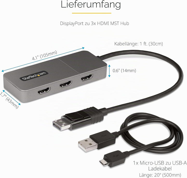StarTech.com 3-Port MST Hub - DisplayPort auf 3X HDMI, DREI 4K 60Hz Monitore, DP 1.4 Multi-Monitor V