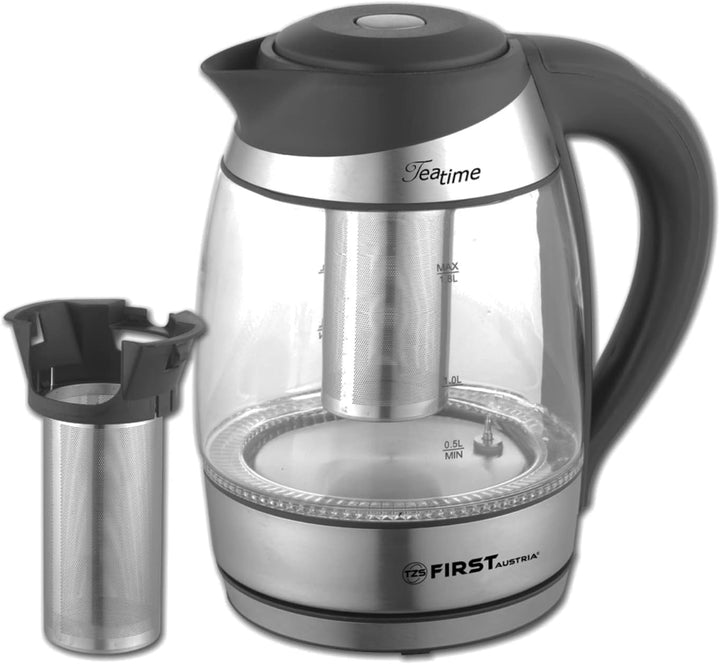 TZS First Austria Edelstahl Glaswasserkocher mit Teefilter 1,8L, 2200W, Temperatureinstellung 40 Gra