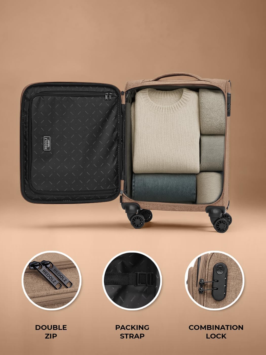 REDOLZ Cabin Weichschalen Kabinen-Koffer | Leichter Trolley mit 4 Doppelrollen für Damen & Herren 37