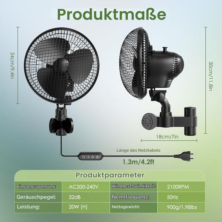 Grow Ventilator mit Clip, 20W Oszillierender Lüfter, 2 Geschwindigkeiten, 90°/120° Doppelschwenk, 31