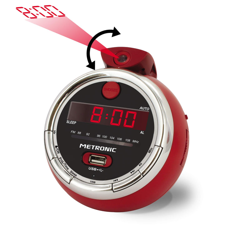Metronic 477024 Radiowecker mit Projektion Radio FM Rote Anzeige Cherry, Rot
