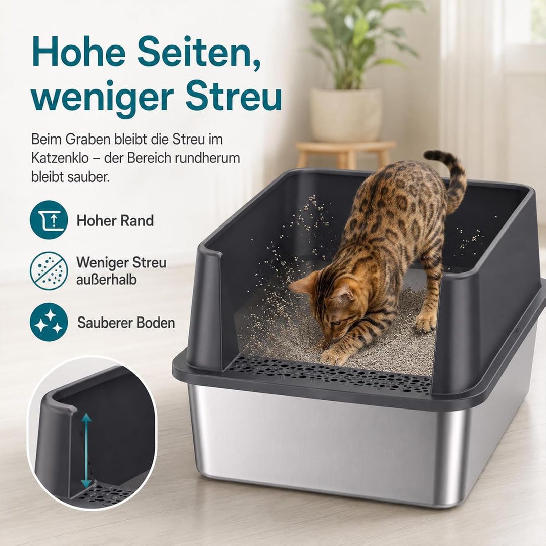 2er Set XXL Katzenklo Edelstahl 60×40×30 cm (37 L) – hoher Rand offene Katzentoilette Edelstahl für