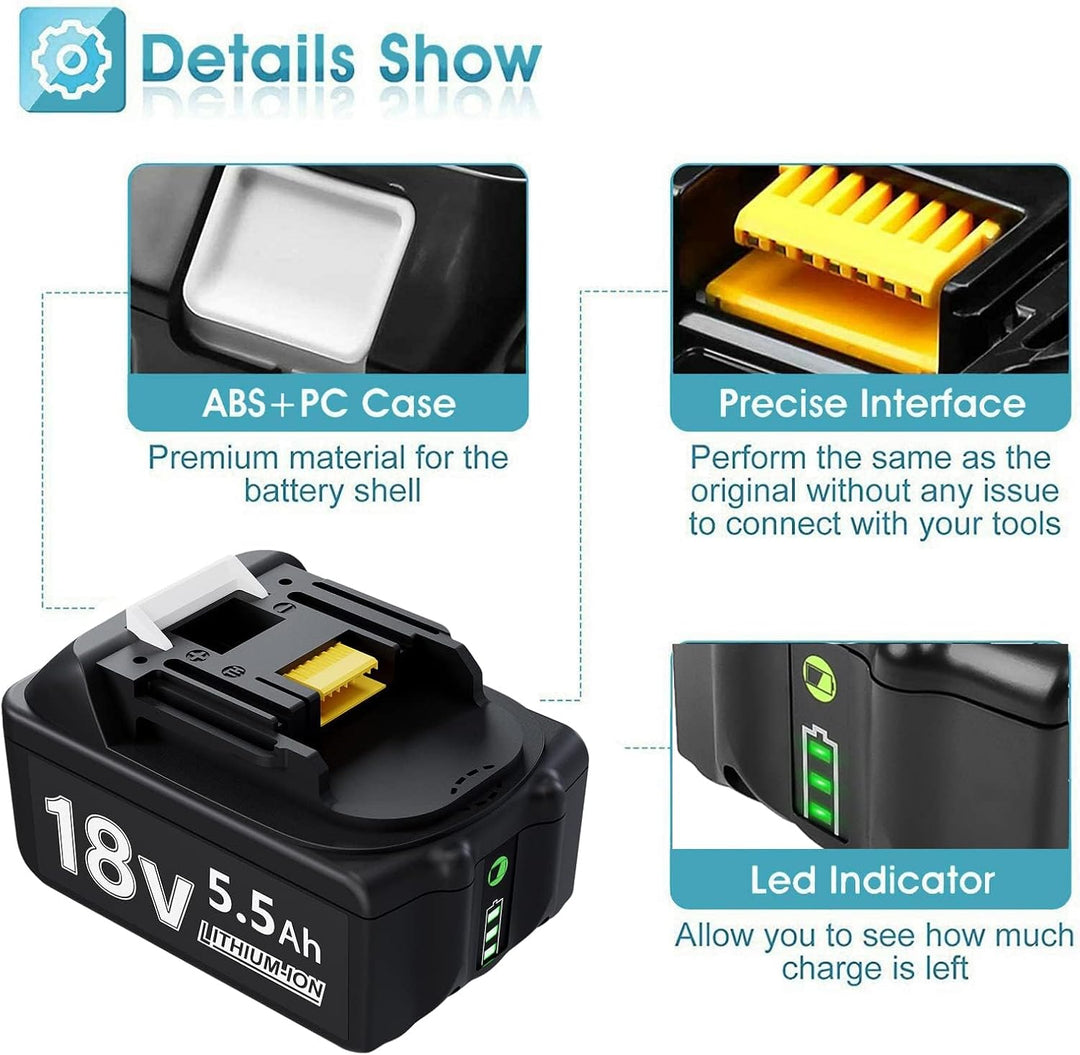 Replacement Battery for Makita Battery 18 V 2 x 18 V 5500 mAh Replacement Battery for Makita 18 V Ba