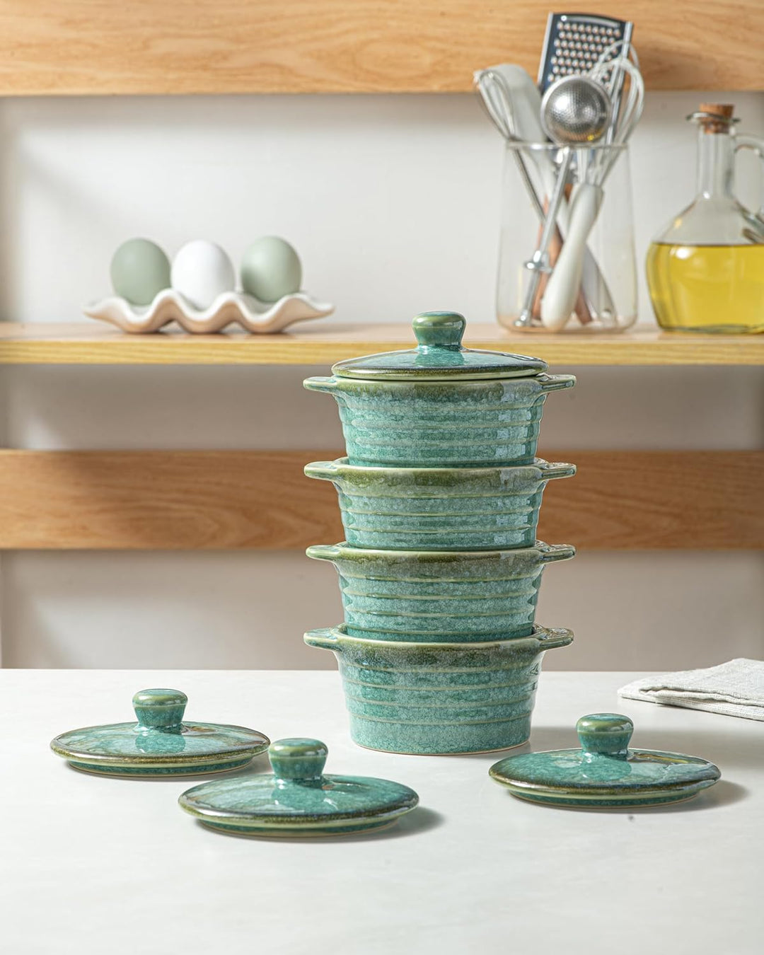 HENXFEN LEAD Mini Cocottes aus Steinzeug, 230ml Auflaufförmchen Souffle Förmchen mit Deckel, 4er-Set