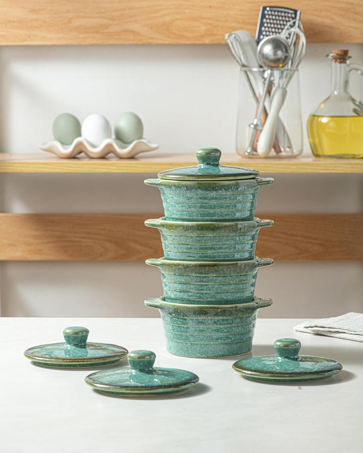 HENXFEN LEAD Mini Cocottes aus Steinzeug, 230ml Auflaufförmchen Souffle Förmchen mit Deckel, 4er-Set