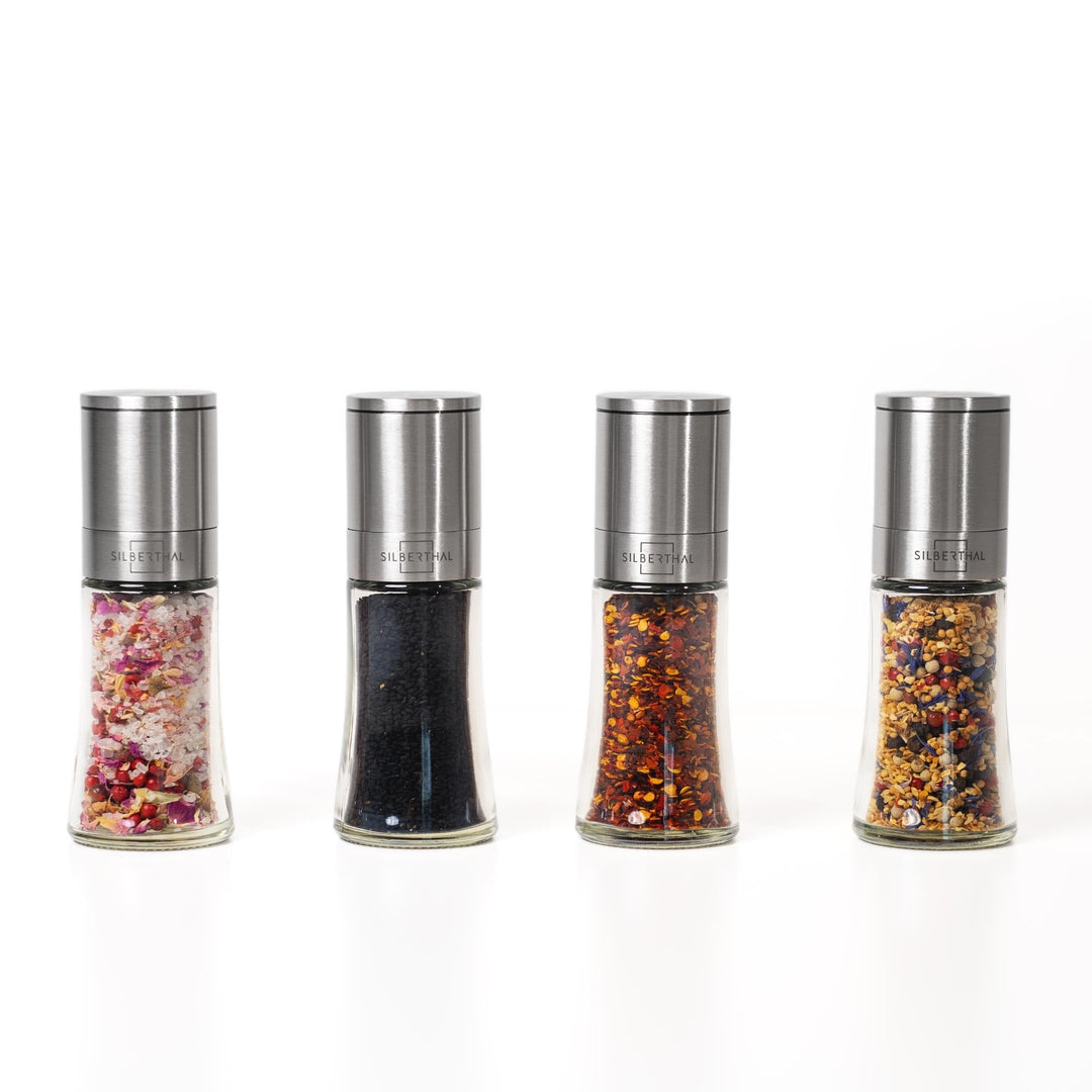 SILBERTHAL Gewürzmühlen 4er Set - verstellbares Keramikmahlwerk - Aromadicht - Salz- & Pfeffermühlen