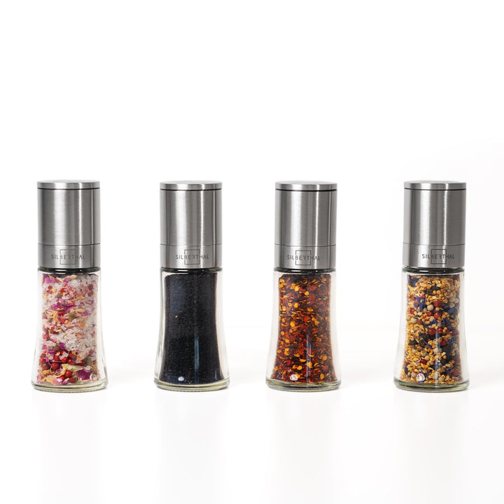 SILBERTHAL Gewürzmühlen 4er Set - verstellbares Keramikmahlwerk - Aromadicht - Salz- & Pfeffermühlen