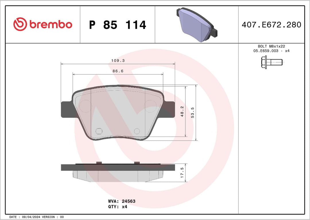Brembo P 85 114 Bremsbelagsatz, Scheibenbremse - (4-teilig) Single, Single