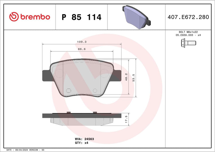 Brembo P 85 114 Bremsbelagsatz, Scheibenbremse - (4-teilig) Single, Single