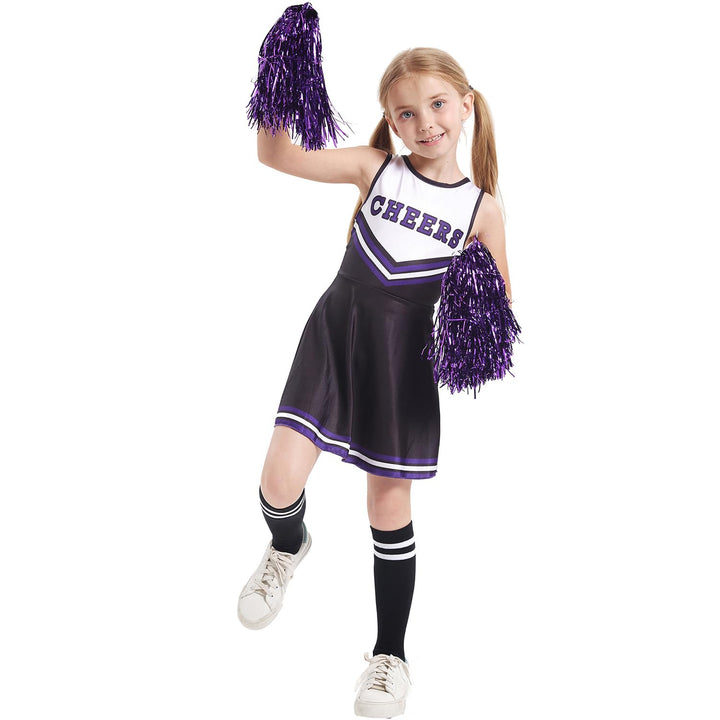 LOLANTA Cheerleader Kostüm Kinder, Cheerleadering Outfit Mädchen mit Pompons(6-7 Jahre,Schwarz,Tag 1
