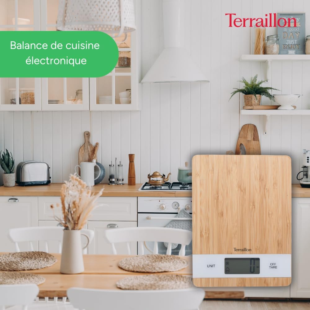TERRAILLON Bamboo Küchenwaage, USB, wiederaufladbar über USB, automatische Abschaltung – Tara-Funkti