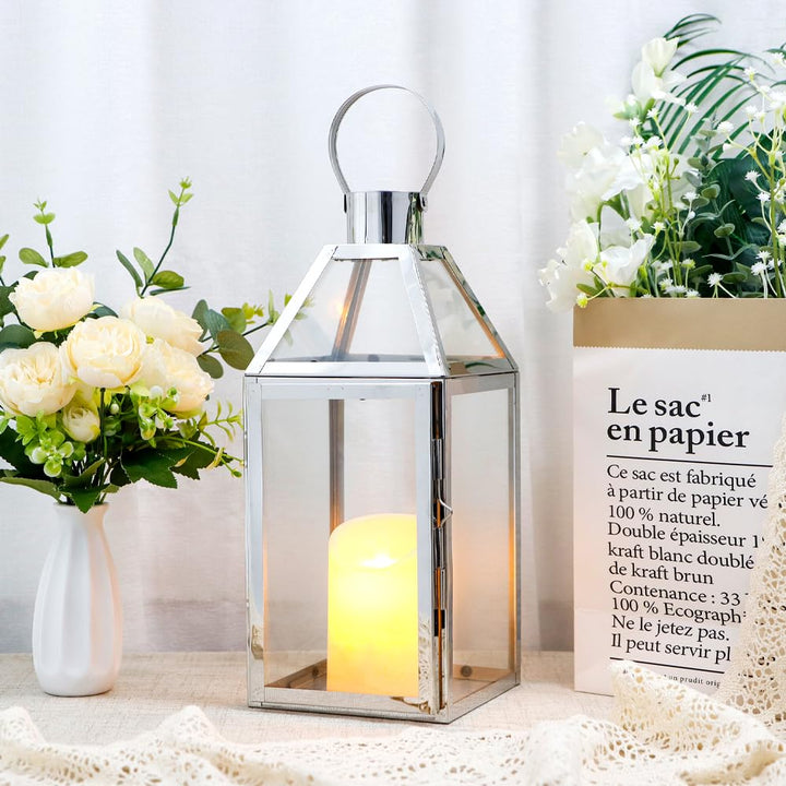 JHY DESIGN Kerzen Laternen, Glas Laternen 34cm Hohe Edelstahl Kerze Windlicht Hängender Kerzenstände