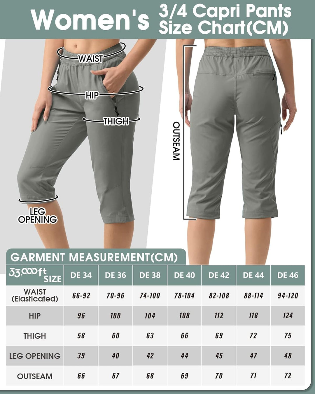 33,000ft Damen 3/4 Hose Capri Wanderhose Stretch Leichte Radhose Taschen Sommer Outdoor Golf Hose 36
