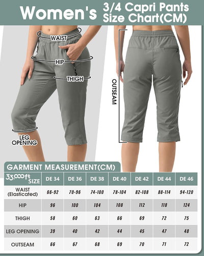 33,000ft Damen 3/4 Hose Capri Wanderhose Stretch Leichte Radhose Taschen Sommer Outdoor Golf Hose 34