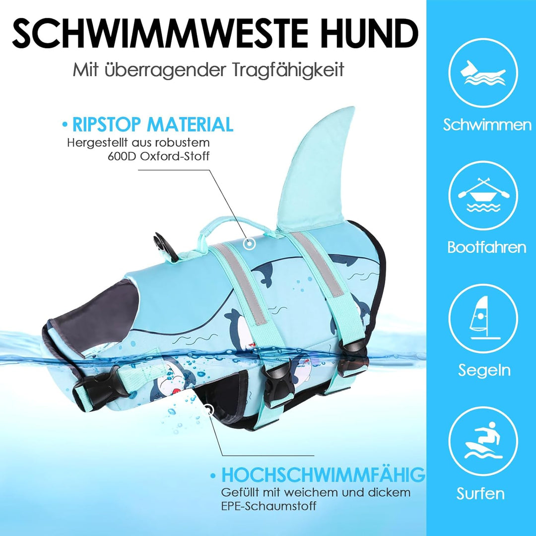 AOFITEE Schwimmweste Hund XS, Verstellbar Hundeschwimmweste Hai, Hoher Auftrieb Klein Hunde Schwimmw