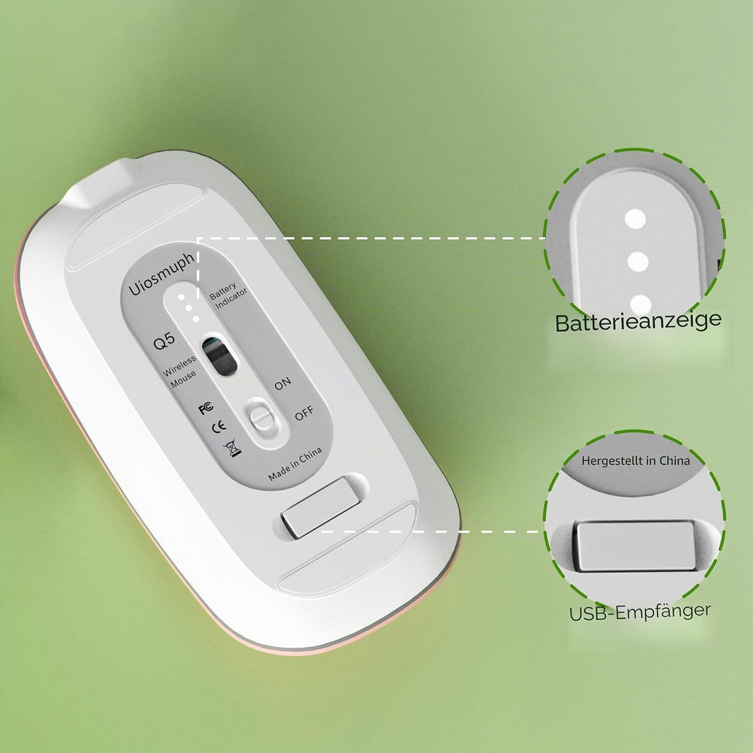 Uiosmuph Q5 Kabellos Maus, Wiederaufladbar Funkmaus 2.4G Leise Funkmaus Ultra Dünn Wireless Computer