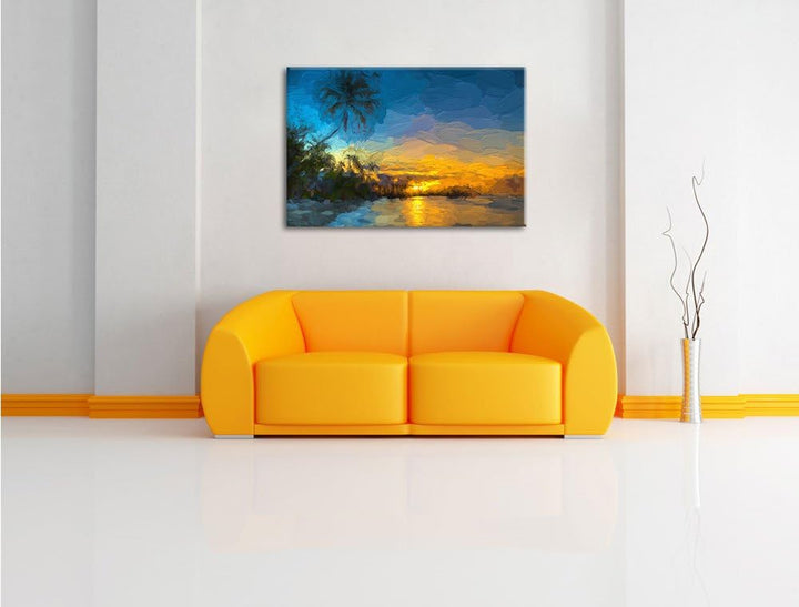 Pixxprint Palmen am Strand als Leinwandbild/Grösse: 100x70 cm/Wandbild/Kunstdruck/fertig bespannt, 1