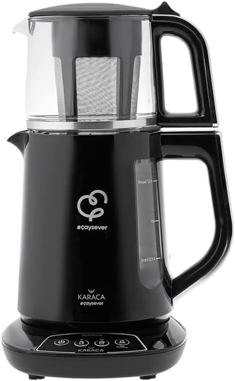 Karaca Caysever Teekanne Sprechende Teemaschine Chrome, 1.5 LT Wassertank, 0.8 LT Glaskanne, Türkisc