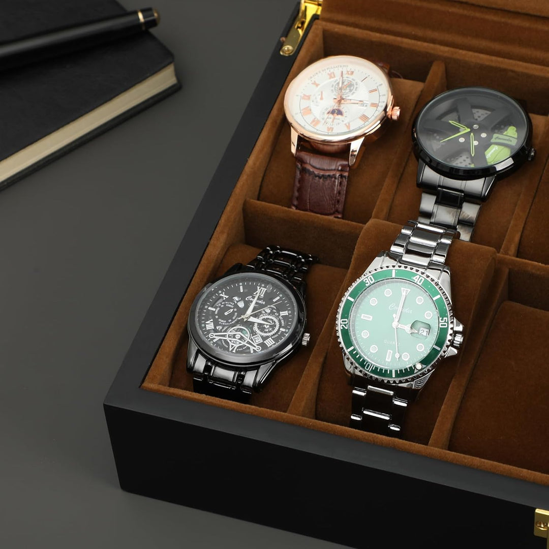 R.SHENGTE Uhrenbox,12 Slots Holzuhr Organizer Box mit Glasdeckel,Schmuck Aufbewahrungsbox für Männer