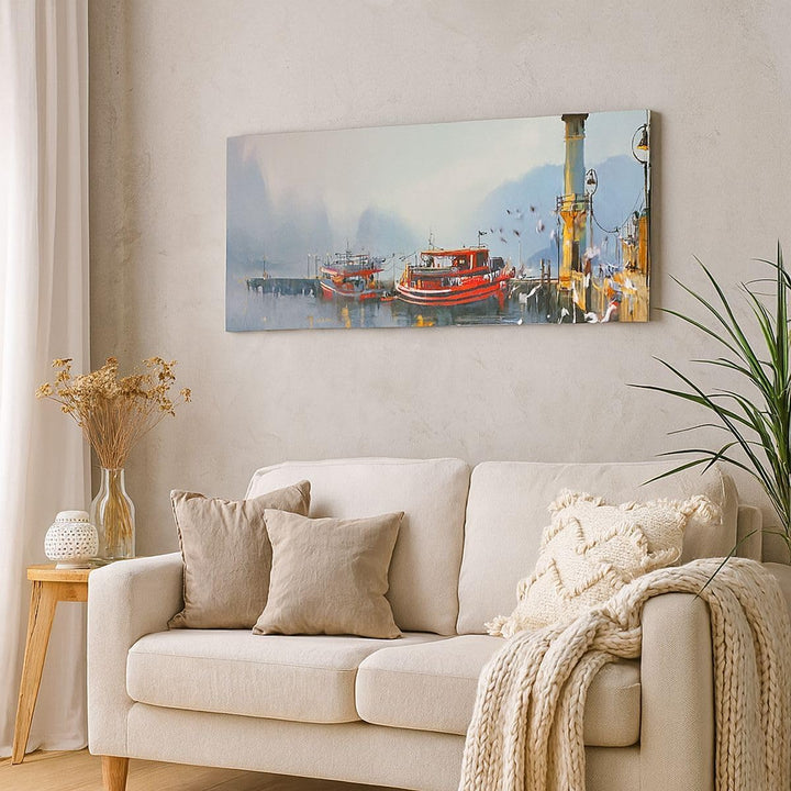 Wandbilder Dekoration Wohnzimmer Hafen Laterne Boot Panorama Bilder auf Leinwand 120x50cm Leinwandbi