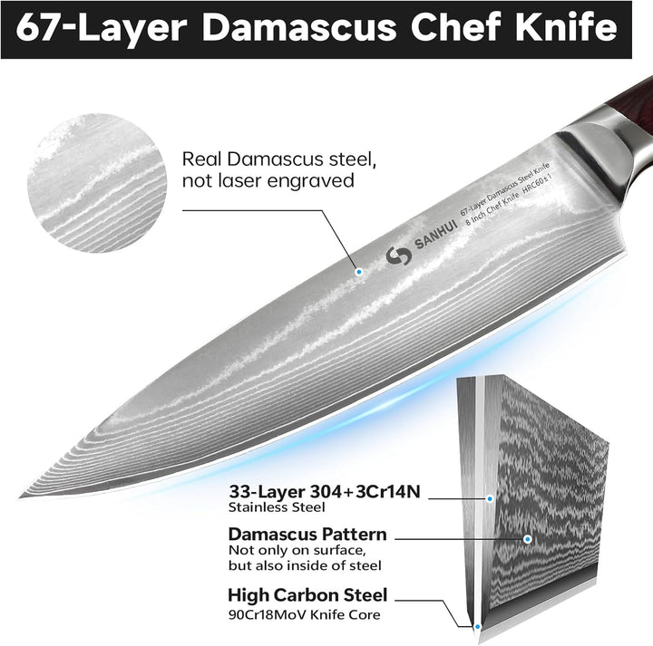 Damast Küchenmesser, Prof Damastmesser- Kochmesser aus 67 Lagenachten Damaststahl, ergonomischem Pak