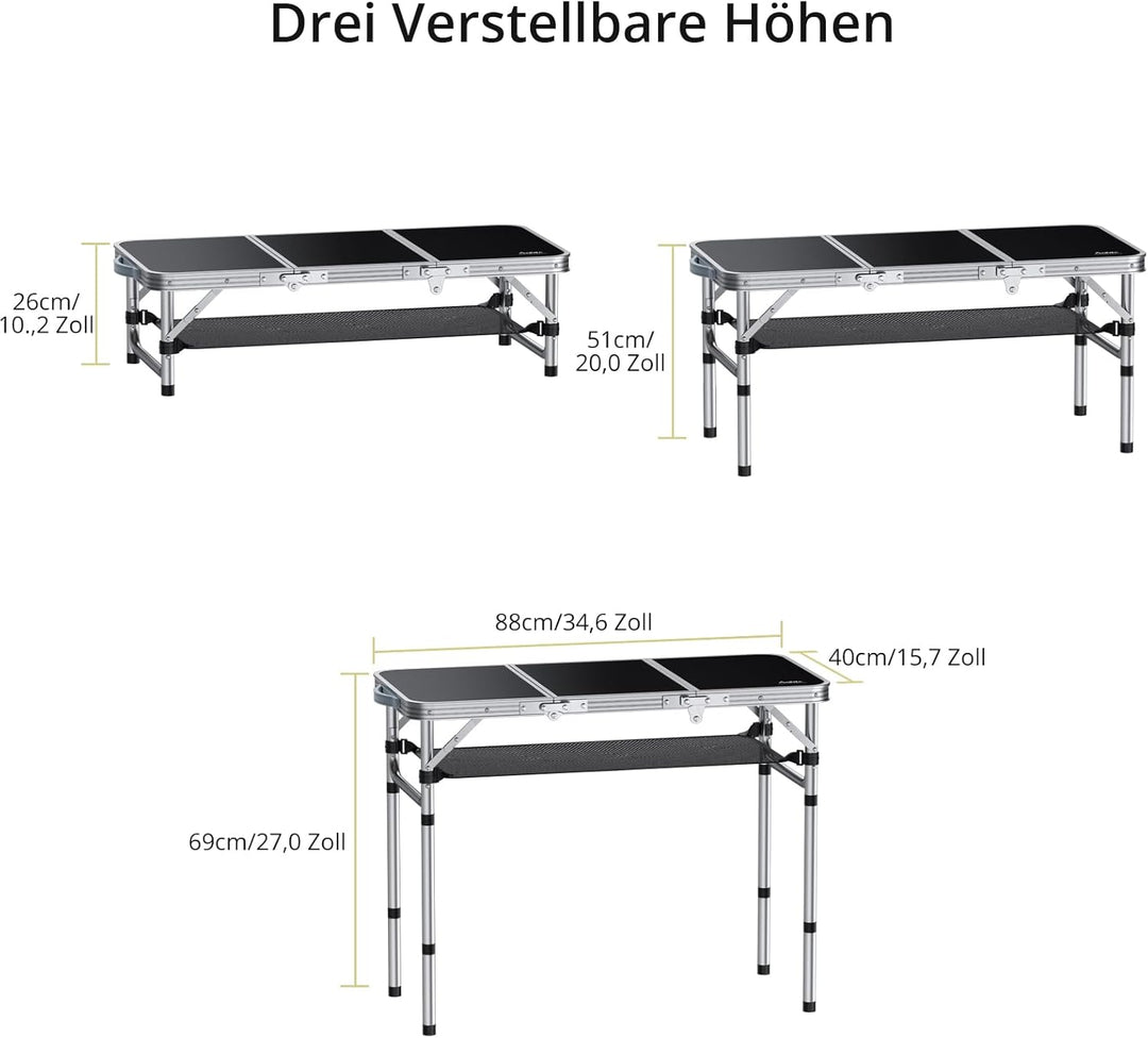 Anbte Klapptisch Faltbar 88x40cm (LxB) mit 3 Verstellbare Höhe, Tragbar Alu Outdoor/Indoor Koffertis