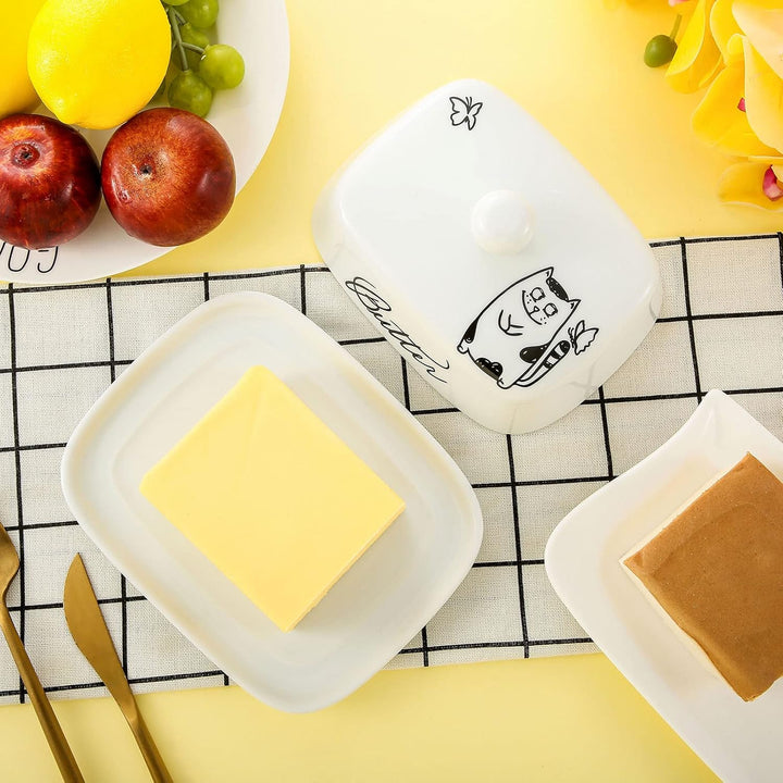 Butterdose mit Griff für 250g Butter, Hochwertige Keramik, Weiss mit Schwarzem Katzenmuster, Porzell