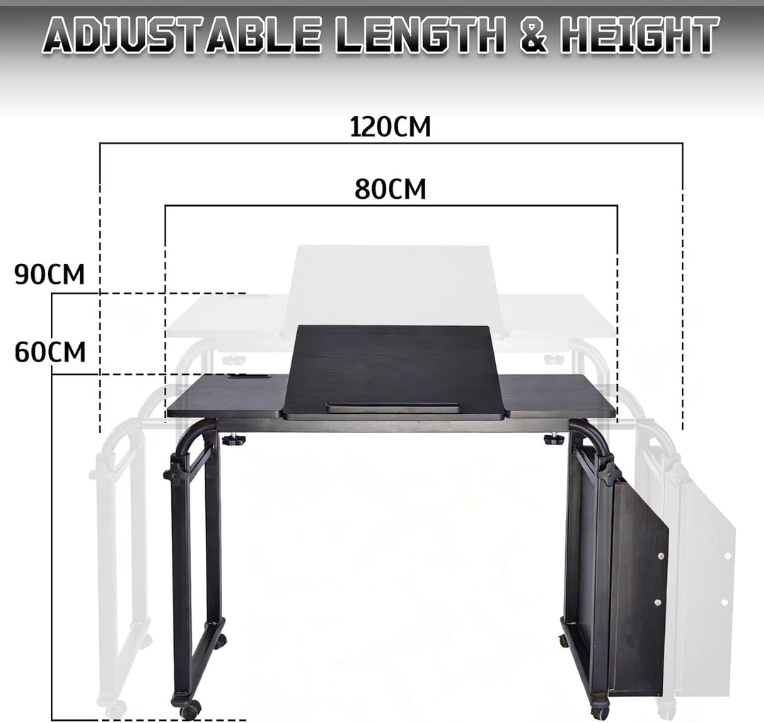 Überbetttisch mit Rollen, Pflegetisch Höhenverstellbar 60-90 cm, Breitenverstellbar 80-120 cm, mit n